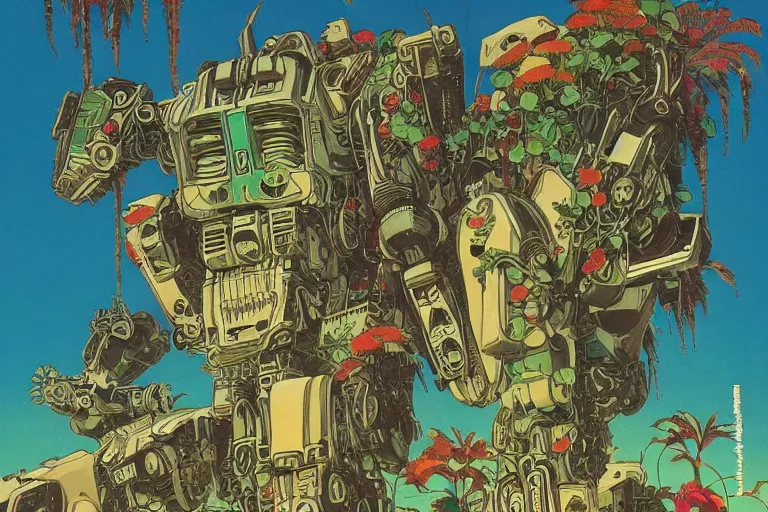 Prompt: gigantic man head, a lot of exotic vegetation around, trees, tremendous mecha robot, flowers, risograph!, oldschool vintage sci - fi flat surreal design, super - detailed, painting by moebius and satoshi kon and jodorwski