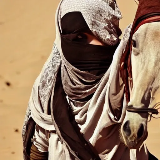 Image similar to beautiful burqa's woman, ride horse in saharan, dress like taliban, sharp eyes, detailed face, white skin, beautiful tatted hands, handling riffle on chest, shooting pose, dust, cinematic, dynamic pose, pinterest