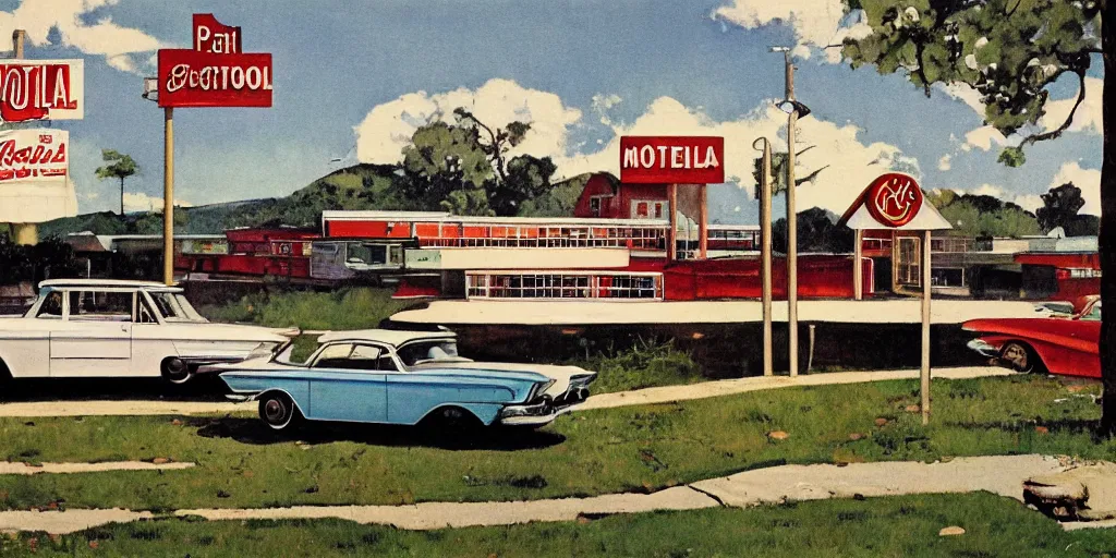 Prompt: 1 9 6 0 s americana painting of a motel with a car parked outside by norman rockwell, panovision