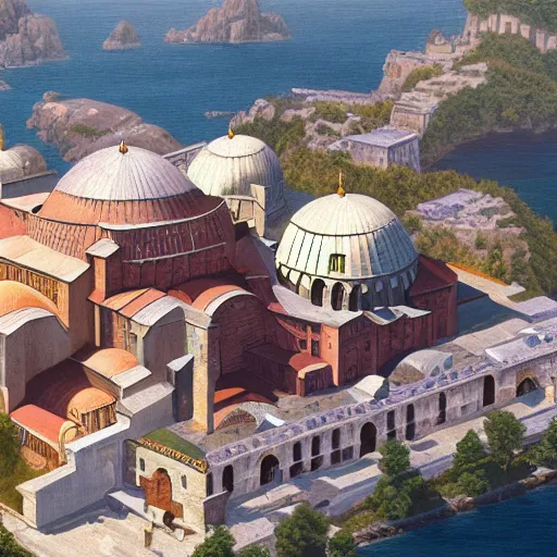 Image similar to a highly detailed painting of the hagia sophia and the done of the rock in a vaporwave style, ultrawide lense, aerial photography, unreal engine, exquisite detail, 8 k, art by greg rutkowski and alphonse mucha