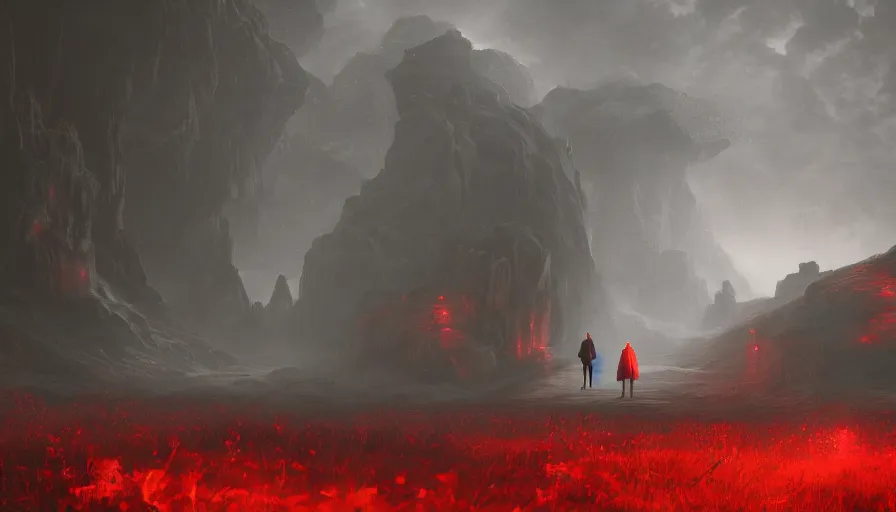 Prompt: figures in red cloak on a long path that leads into giant victorian castle long distance away, at night, scary, by noah bradley, depth of field, grey background, 8 k resolution, hyperrealistic, octane render