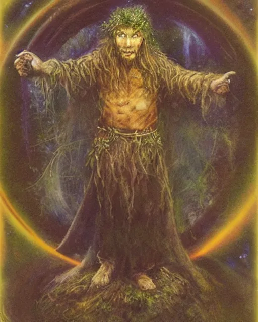 Prompt: a druid standing in a circle at the beginning of the world by brian froud