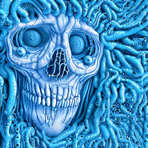 Image similar to pseudomonas aeruginosa, the bacterial god of death and pestilence. flagellated blue green cyan transparent bacterial monster covered in needle cannon type - iii secretion systems injecting toxins into human cells and multi - drug efflux pumps. fantastic detail. close up microscopy. false color. perfect composition.