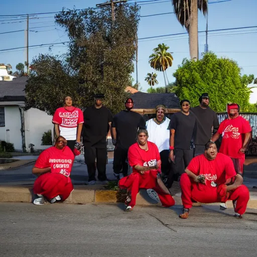 Prompt: Bloods gang posing in front of old house on Los Angeles street, two red lowrider beside