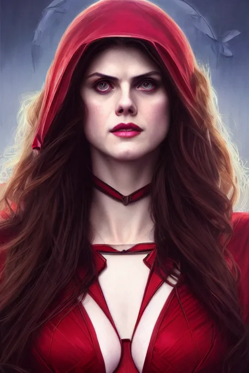 Image similar to alexandra daddario as scarlett witch, realistic portrait, symmetrical, highly detailed, digital painting, artstation, concept art, smooth, sharp focus, illustration, cinematic lighting, art by artgerm and greg rutkowski and alphonse mucha