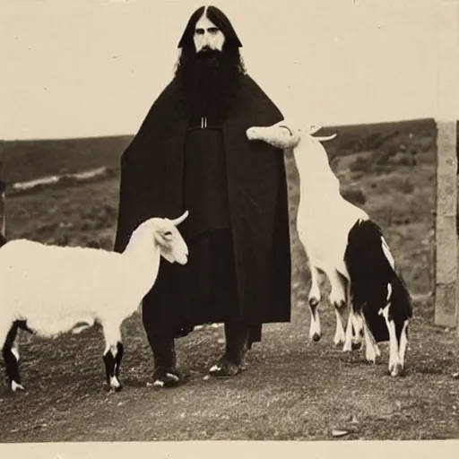 Image similar to photo of breton monks looking like rasputin, with a goat