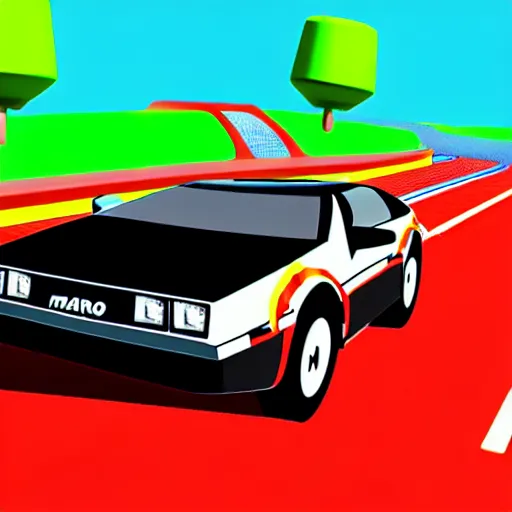 Image similar to back to the future delorean, mario kart 6 4 screenshot, low poly, aliased