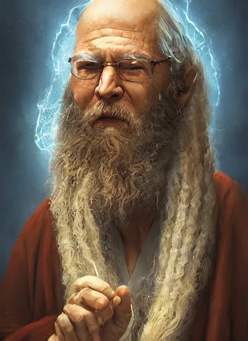 Image similar to portrait of a elderly wizard with a long beard wearing robes, under the robes is a hawaiian shirt, male, detailed face, fantasy, highly detailed, cinematic lighting, digital art painting by greg rutkowski