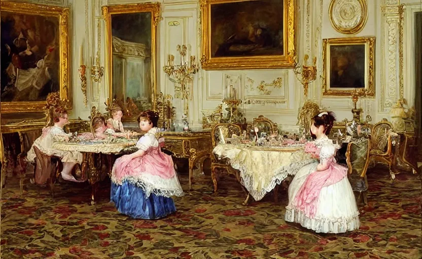 Image similar to Young victorian princess drinking tea on the royal palace dining room. By Konstantin Razumov, highly detailded