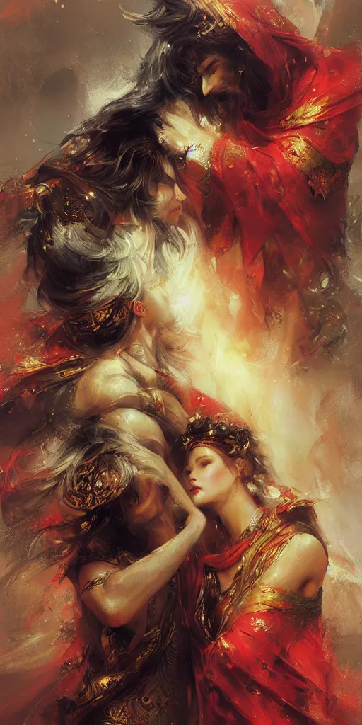 Prompt: greeting card, love, 2 beautiful royal gods, by ruan jia, warm colors, cozy