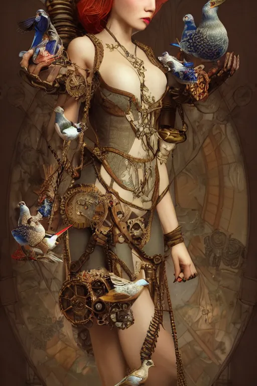 Image similar to zoom in 3 d render of english princess holding birds, ornaments, steampunk, mucha vibe, dieselpunk, solarpunk, artstation, andrei riabovitchev