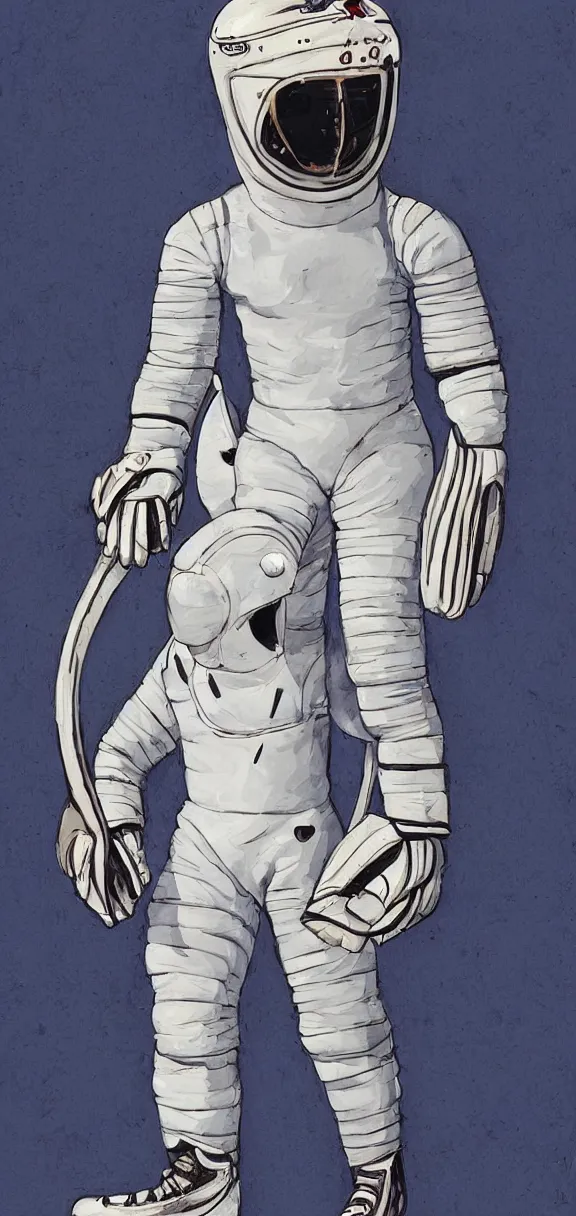 Image similar to male, full body, habs ice hockey space suit with a modern helmet, large shoulders, short torso, long thin legs, tiny ice skate, stanley cup character sheet, science fiction, very stylized character design, digital painting, by mike mignola, by alex maleev, jean giraud, painted by leyendecker