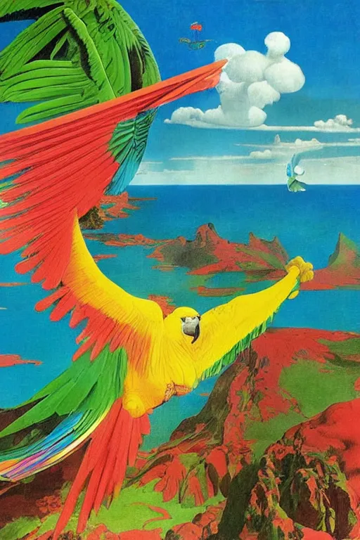 Prompt: colourful parrot flying over a tropical island, fluid, smooth, bright, colours, high contrast, sharpness, very detailed, intricate, by dali, magritte, edvard munch, da vinci, donato giancola, richard corben, zdzisław beksinski, moebius, francis bacon, studio ghibli, mucha and studio disney
