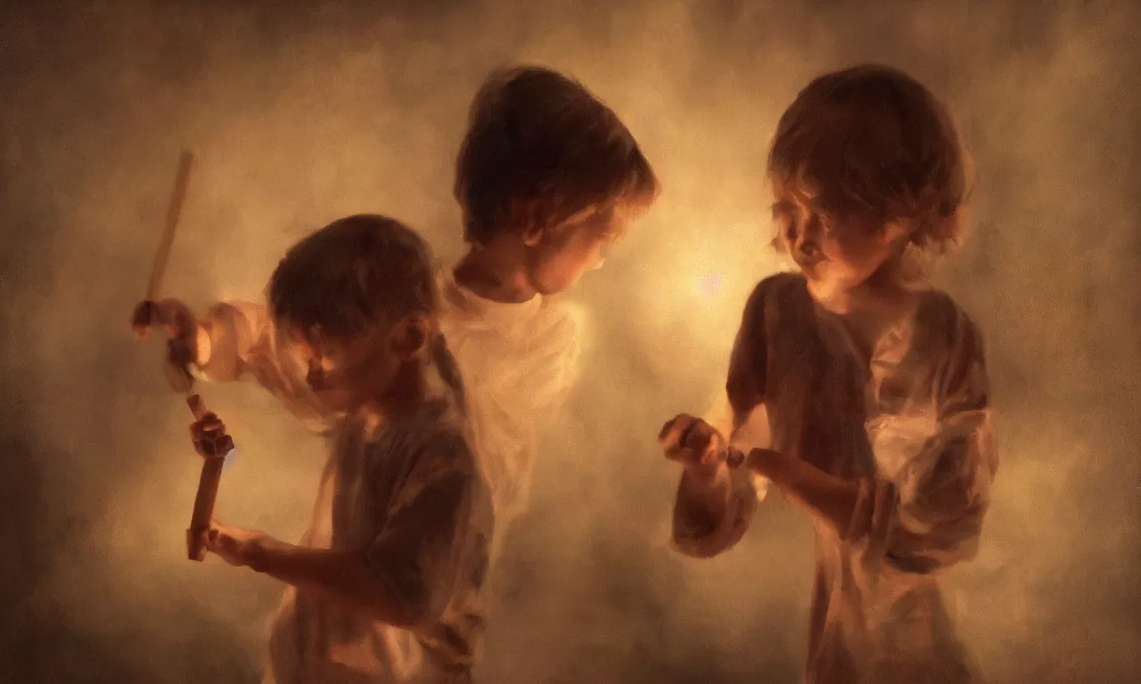 Image similar to a young child has a magic wand that can make things stop beautiful oil painting dramatic cinematic lighting