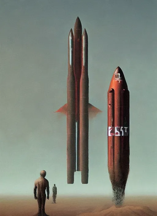 Image similar to A painting in a style of Beksinski featuring Elon Musk, rockets, mars and technology. Very detailed