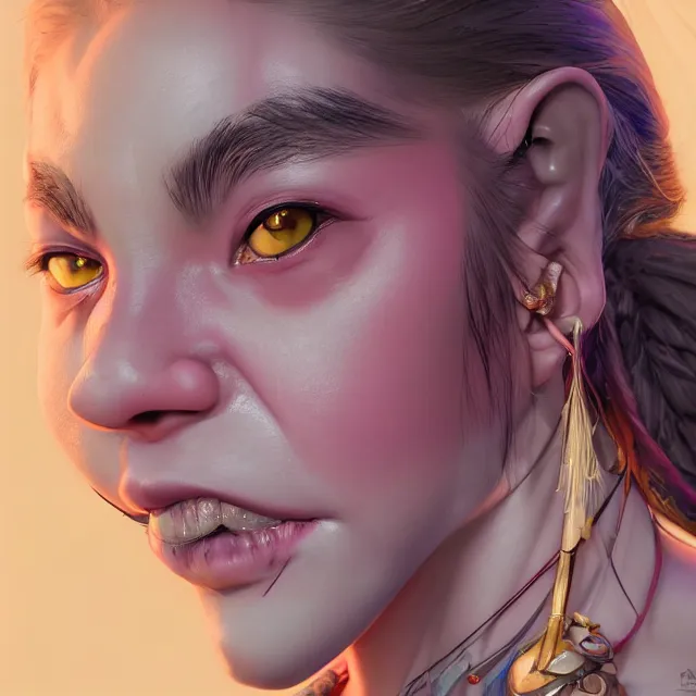 Image similar to studio portrait of neutral good colorful female orc as absurdly beautiful, elegant, young sensual anime girl, ultrafine hyperrealistic detailed face illustration by kim jung gi, irakli nadar, intricate linework, sharp focus, bright colors, matte, octopath traveler, final fantasy, unreal engine highly rendered, global illumination, radiant light, intricate environment