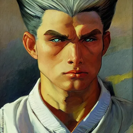 Image similar to ken from street fighter 2 in real life in the style of malczewski, jacek