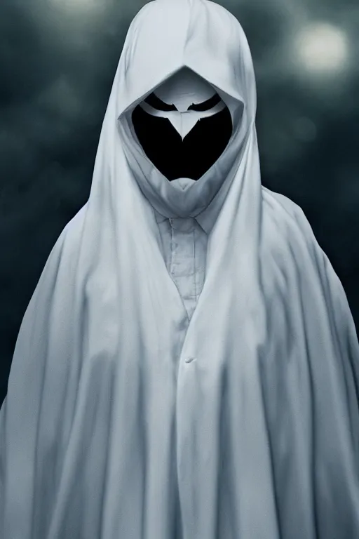 Image similar to characters portrait of Moon Knight mixed with Ghostface by Alyssa Monks, full-shot, merged character, Full body shot, cinematic opening shot, 4k, highly detailed, cinematic lighting