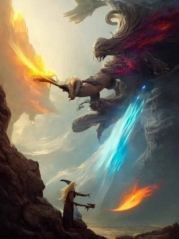 Image similar to photo of 8k ultra realistic Gandalf fighting the balrog, full of colour, cinematic lighting, battered, trending on artstation, 4k, hyperrealistic, focused, extreme details,unreal engine 5, cinematic, masterpiece, art by Peter Mohrbacher