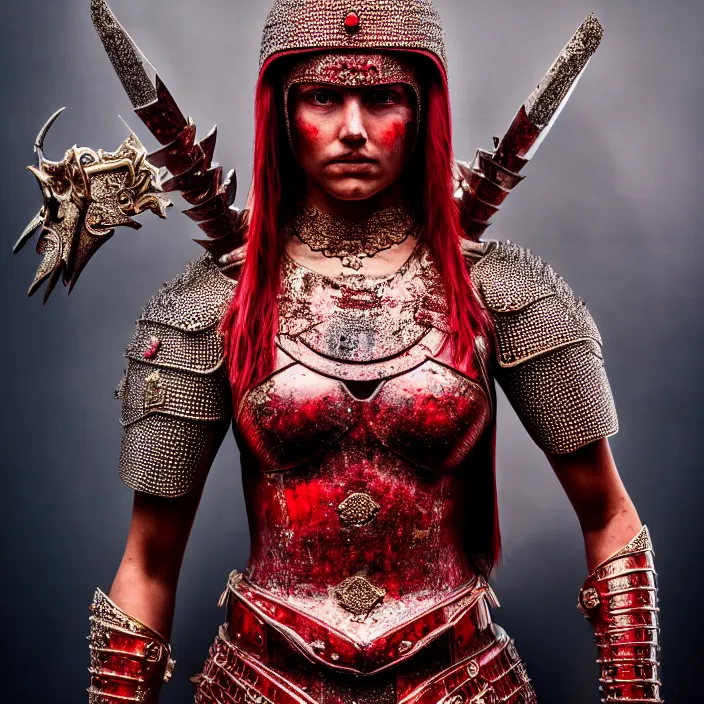 Image similar to full body photo of a beautiful strong warrior queen wearing ruby encrusted armour, highly detailed, 4 k, hdr, smooth, sharp focus, high resolution, award - winning photo