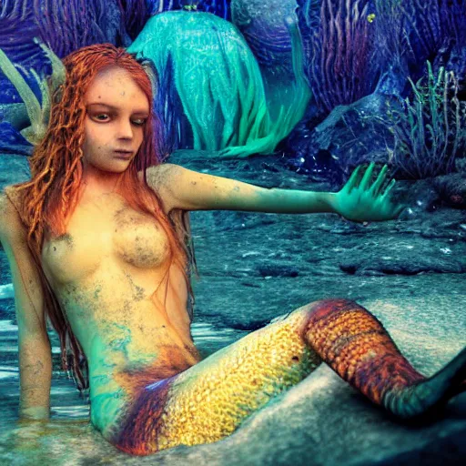 Image similar to a sad mermaid covered in toxic glowing sludge, wildlife photography, ultra realistic, intricate details, highly detailed, photorealistic, 8 k