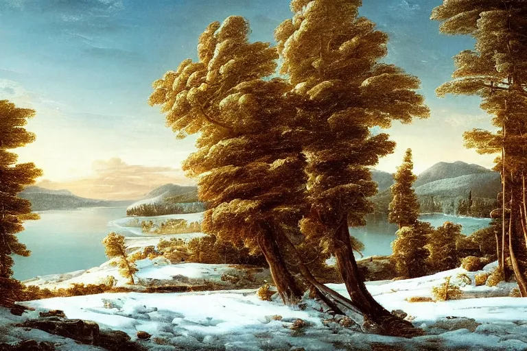 Image similar to beautiful landscape with winter and lake and pine trees, mythology, fantasy, landscape background, vivid colors, digital painting, very detailed, realistic, high quality, by claude lorrain
