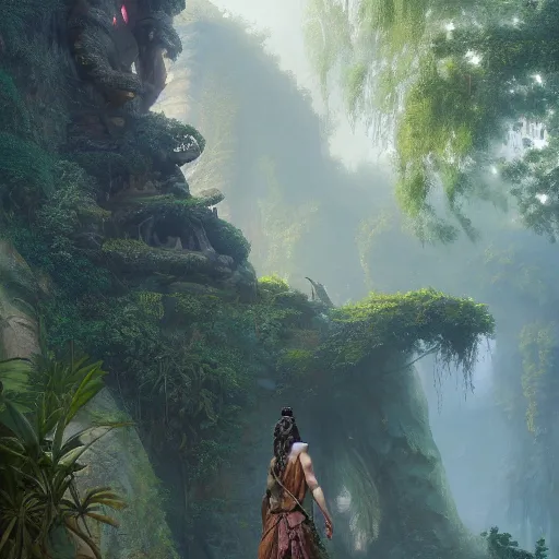 Image similar to concept art of a jungle path with a huge stone woman statue, religious, in the style of fenghua zhong and ruan jia and jeremy lipking and peter mohrbacher, mystical colors, rim light, beautiful lighting, 8 k, stunning scene, raytracing, octane, trending on artstation