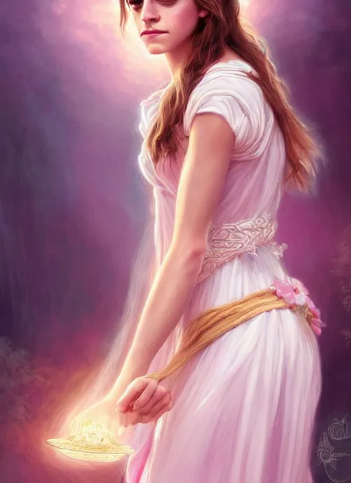 Image similar to emma watson as magic healer goddess, long hair, white and pink cloth, D&D, shiny background, intricate, elegant, highly detailed, digital painting, artstation, concept art, smooth, sharp focus, illustration, artgerm, bouguereau