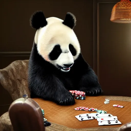 Prompt: panda panda playing poker by greg rutkowski and thomas kinkade, trending on artstation, 3 d render octane