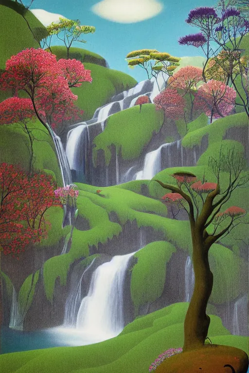 Image similar to hanging garden, waterfalls, blooming hills with spring flowers and pillars by helen lundeberg