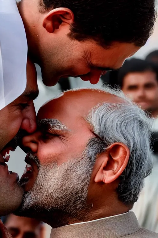 Image similar to narendra modi kissing rahul gandhi, closeup, india, detailed, photography alexey kurylev, cinematic