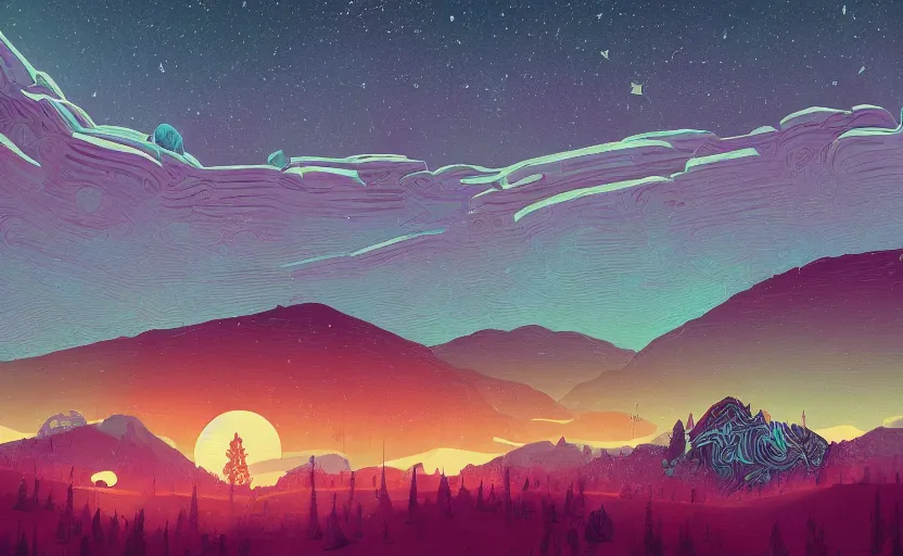 Prompt: mountains, stars and paisley filled sky, artstation, intricate, highly detailed, digital painting, concept art, sharp focus, illustration by Simon Stalenhag and James Gilleard