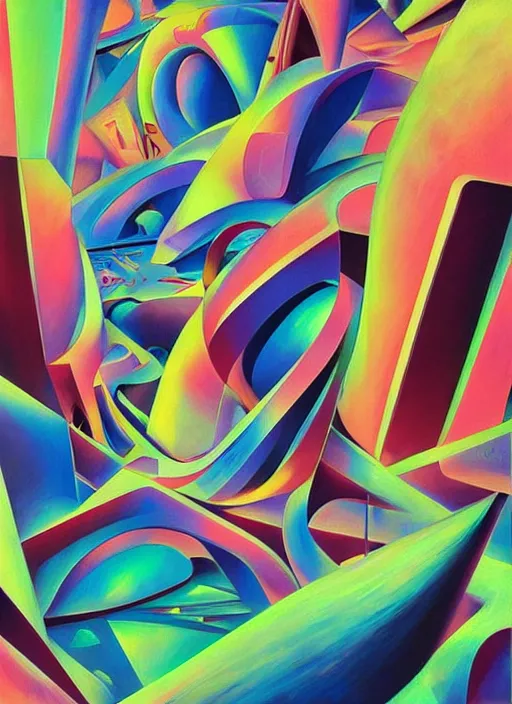 Prompt: A surreal neon painting of a Zaha hadid 3d cityscape made of cubism futuristic picasso optical illusion tunnels in 3 point perspective by hr giger and Vladimir kush and dali and kandinsky, 3d, realistic shading, complimentary colors, vivid neon colors, aesthetically pleasing composition, masterpiece, 4k, 8k, ultra realistic, super realistic,