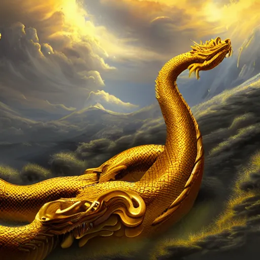 Prompt: a landscape painting of a golden serpent dragon winding through the air in a mountain range, chinese dragon, intimidating clouds, ultrawide angle, depth of field, in a luminist style, 4 k, artstation