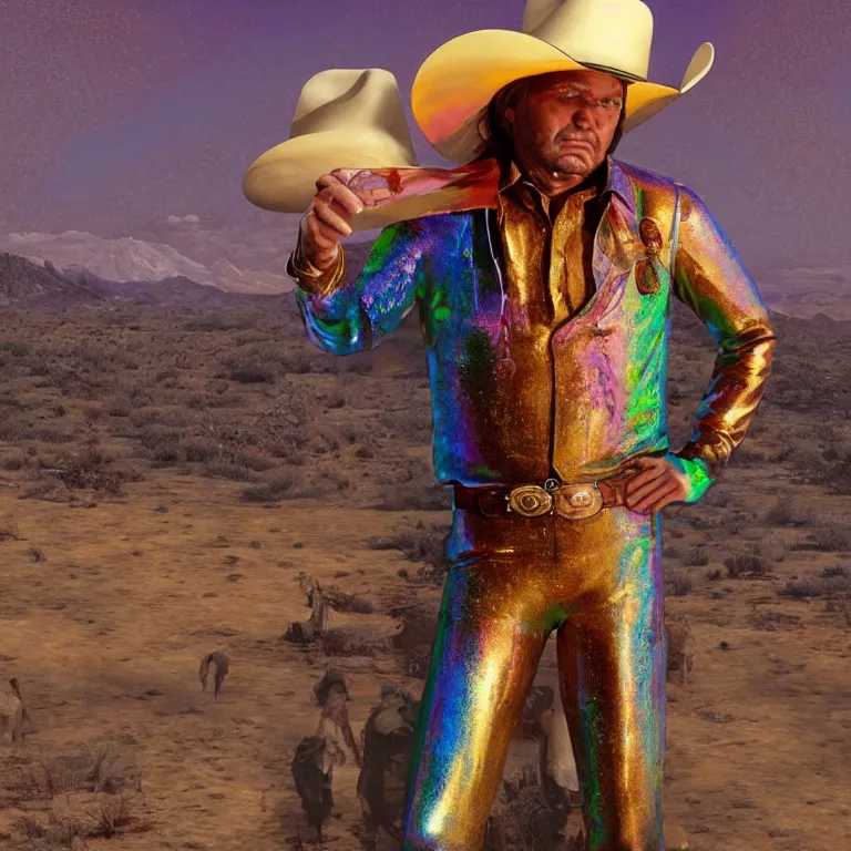 Prompt: 1 9 7 0's spaghetti western film octane render portrait by wayne barlow and carlo crivelli and glenn fabry, a person wearing a shiny colorful iridescent full - body latex suit and cowboy hat covered in colorful slime, standing in a scenic western landscape, cinema 4 d, ray traced lighting, very short depth of field, bokeh