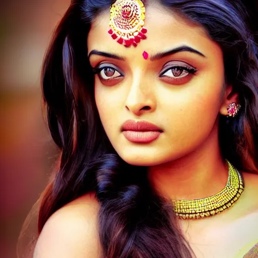 Image similar to beautiful Indian cute teen girl resembling Aishwarya Rai, beauty expressive pose, art by mark brooks, but as a real life photograph, natural skin tone HDR photorealism, cinematic lighting, 8k ultra high definition