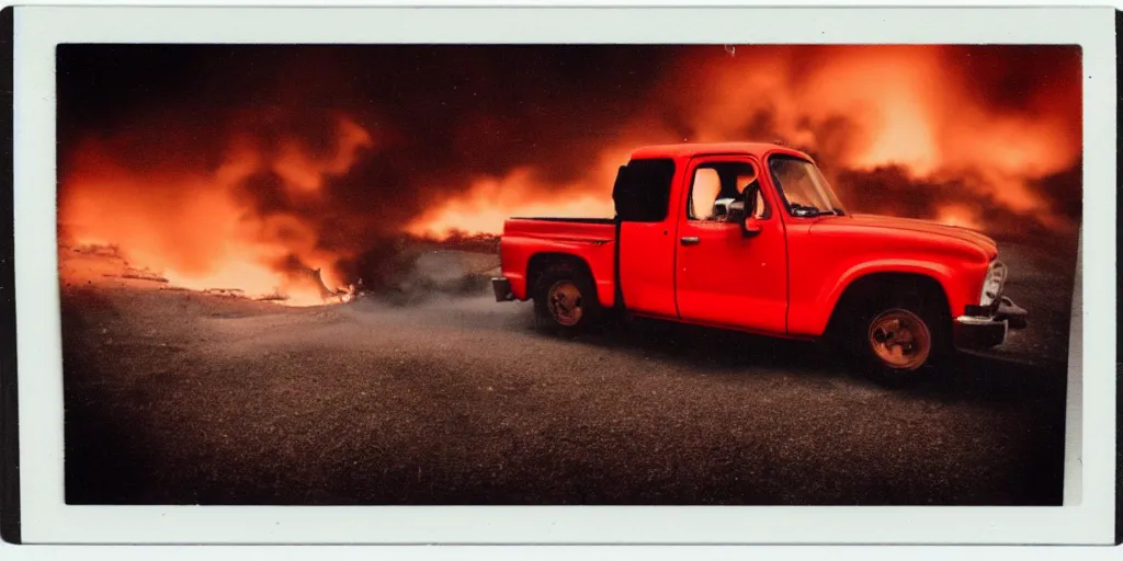 Prompt: polaroid photo of a red truck on fire, big smoke clouds, at night, stars visible in the sky, slight color bleed