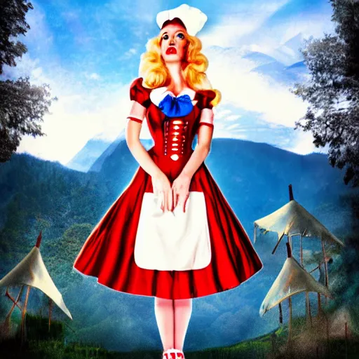 Prompt: a giant alice in wonderland, pin up, houses, trees, mountains, woman, city, digital art, photo