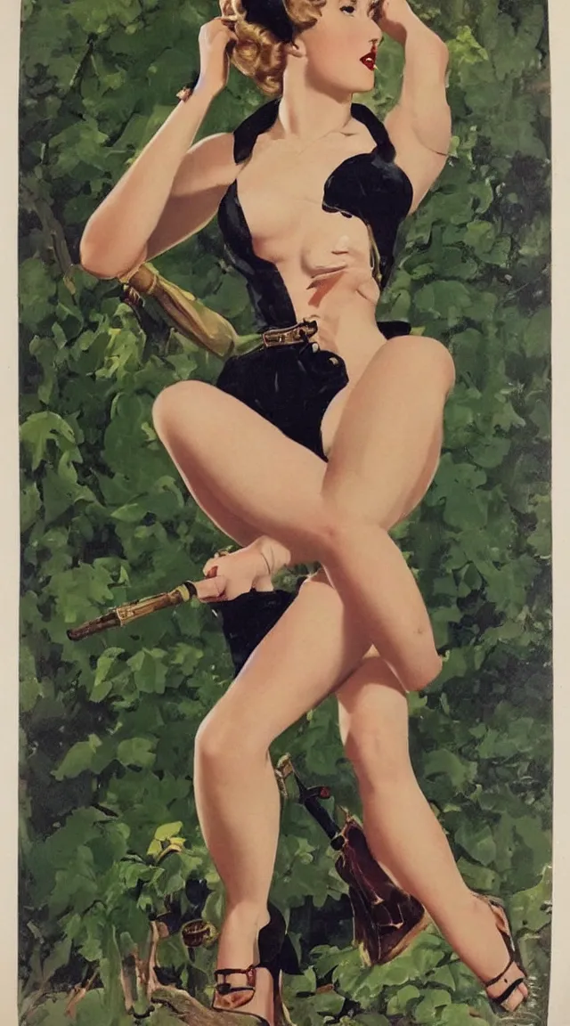 Image similar to a portrait one full body pin up post war dressing a military unioform,garden backgound Gil Elvgren style