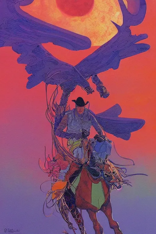 Image similar to illustration of cowboy riding a fantasy emu bird, scifi, art by jean giraud, moebius, juan gimenez, in watercolor gouache detailed paintings, in style of syd mead, colorful comics style, artstation