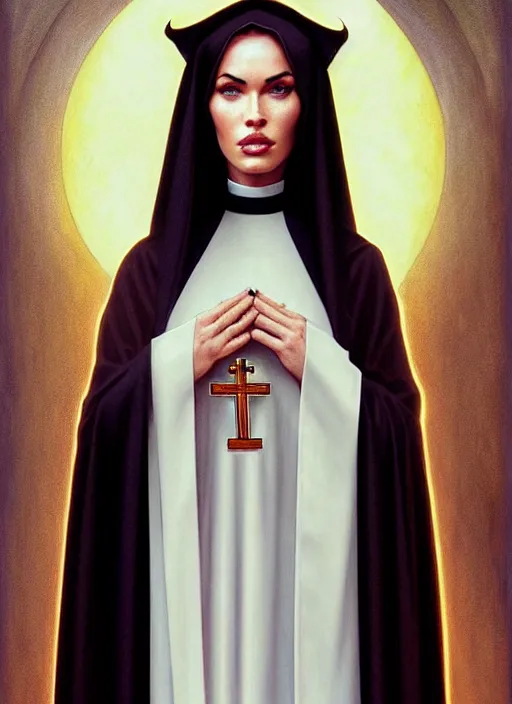 Image similar to portrait of megan fox as a hot and sultry nun, catholic, church, bible, christian, intrigante, headshot, highly detailed, digital painting, artstation, concept art, sharp focus, cinematic lighting, illustration, art by artgerm and greg rutkowski, alphonse mucha, cgsociety