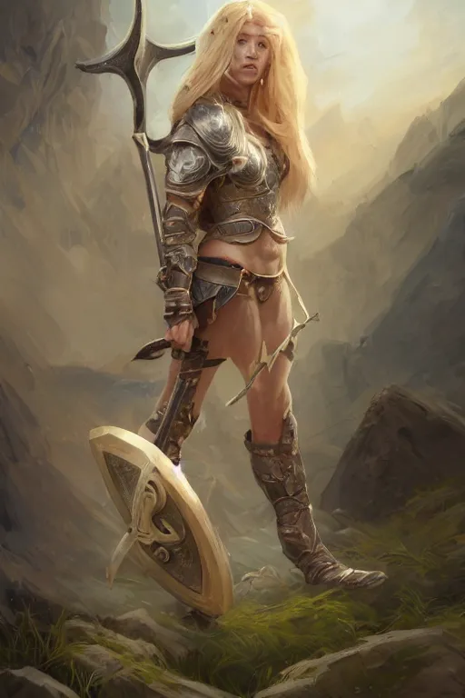 Image similar to ultra detailed powerful female viking, blond long hair, green eyes, axe, battle ready, sharp bone structure, extremely detailed digital painting, in the style of fenghua zhong and ruan jia and jeremy lipking and peter mohrbacher, mystical colors, rim light, beautiful lighting, 8 k, stunning scene, raytracing, octane, trending on artstation