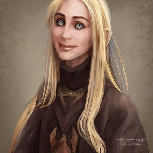 Prompt: portrait, 30 years old women :: fantasy :: long straight blonde hair, windy, beeing happy, smiling :: attractive, symmetric face :: brown woven medieval clothing, natural materials :: high detail, digital art, RPG, concept art, illustration