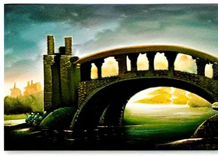 Image similar to modern stylized oil painting of medieval stone bridge, very very very beautiful, funny structure, romanticism by goya, bright art, cinematic dramatic lighting, plants and water