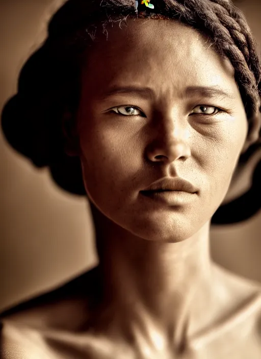 Image similar to portrait of a epically beautiful woman by national geographic, cinematic, 8 0 mm,