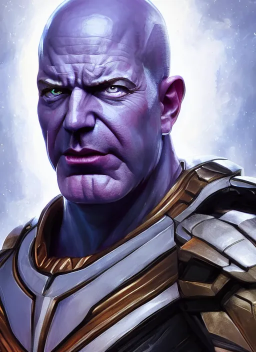 Prompt: portrait of jeff bezos as thanos, au naturel, hyper detailed, digital art, trending in artstation, cinematic lighting, studio quality, smooth render, unreal engine 5 rendered, octane rendered, art style by klimt and nixeu and ian sprigger and wlop and krenz cushart.