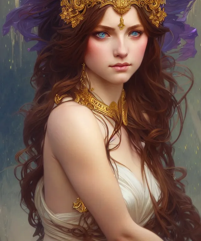 Prompt: young goddess, portrait, blue eyes, beautiful face, long hair, fantasy, ornamental, intricate, elegant, sensual, highly detailed, digital painting, artstation, concept art, smooth, sharp focus, illustration, art by artgerm and Greg Rutkowski and Alphonse Mucha