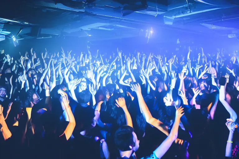Image similar to crowd partying with their hands up at a club, some hands are making heart shapes, volumetric lighting, haze, moving heads light beams, spot lights, disco ball, silhouette, digital art, trending on artstation, 4k, unreal engine, intricate, ornate
