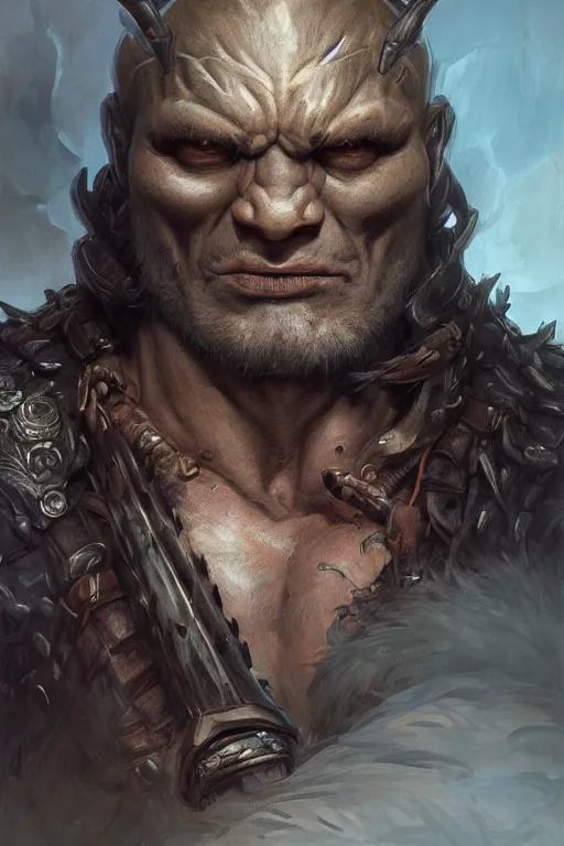 Image similar to portrait of a hulking herculean orc demon barbarian pirate, male, masculine, upper body, belt of skulls, fantasy, frown,, intricate, elegant, highly detailed, digital painting, artstation, concept art, sharp focus, illustration, art by artgerm and greg rutkowski and alphonse mucha