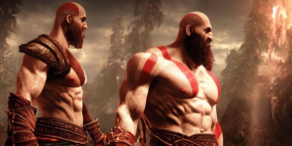 Image similar to kratos the god of war looking in the mirror, cinematic composition and lighting